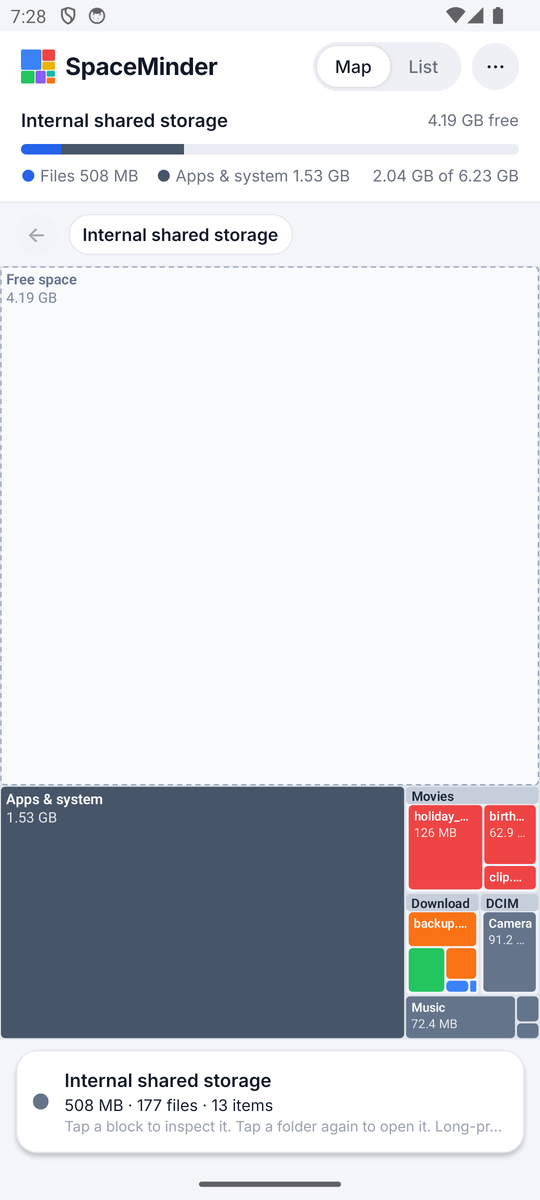 SpaceMinder treemap of a phone's storage